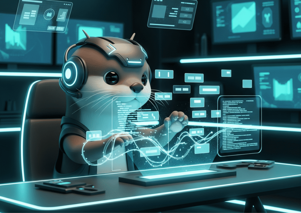 Futuristic 3D otter character wearing a headset and organizing glowing holographic code blocks, representing the clean workflow of Android Studio Otter 2 in 2025.
