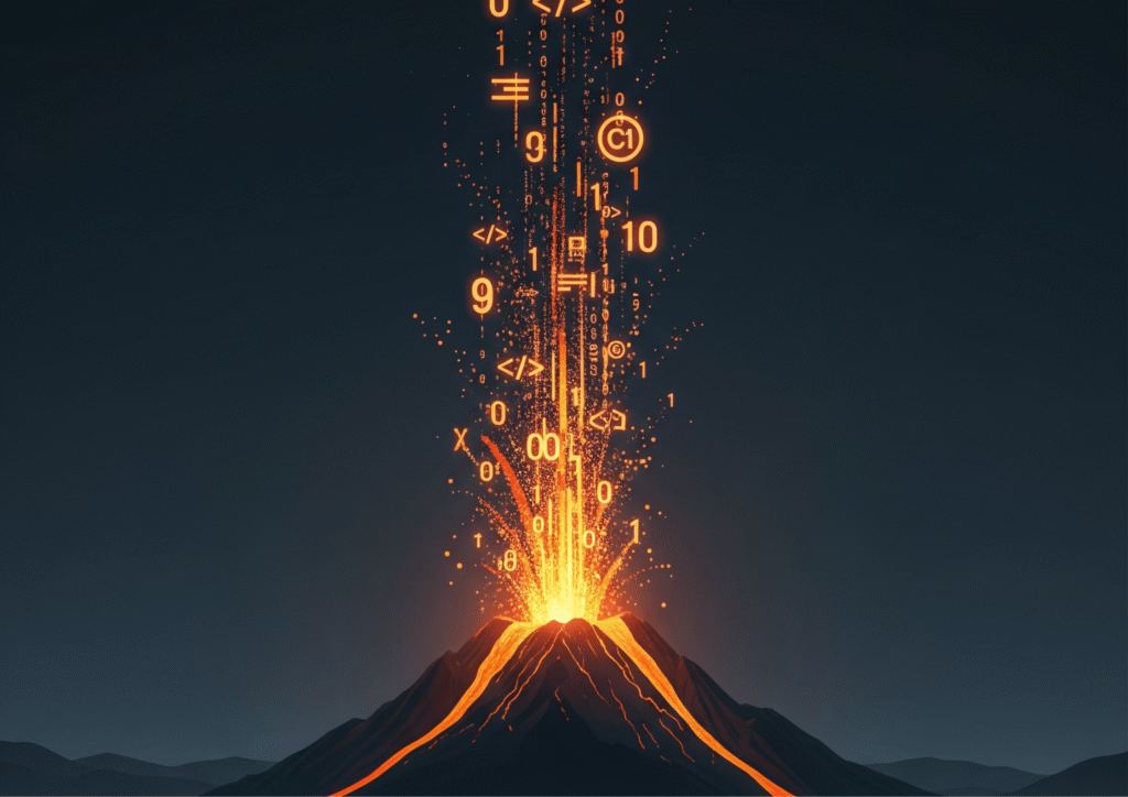 A dark minimalist concept art illustration of a digital volcano erupting with bright orange binary code, symbols, and data particles against a dark blue background, representing the Dev Eruption software development blog.